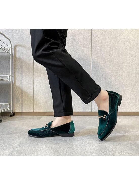 LCQL Men\'s Green Leather Velvet Loafer Gold Buckle Slip On Comfortable Shoes main image 6